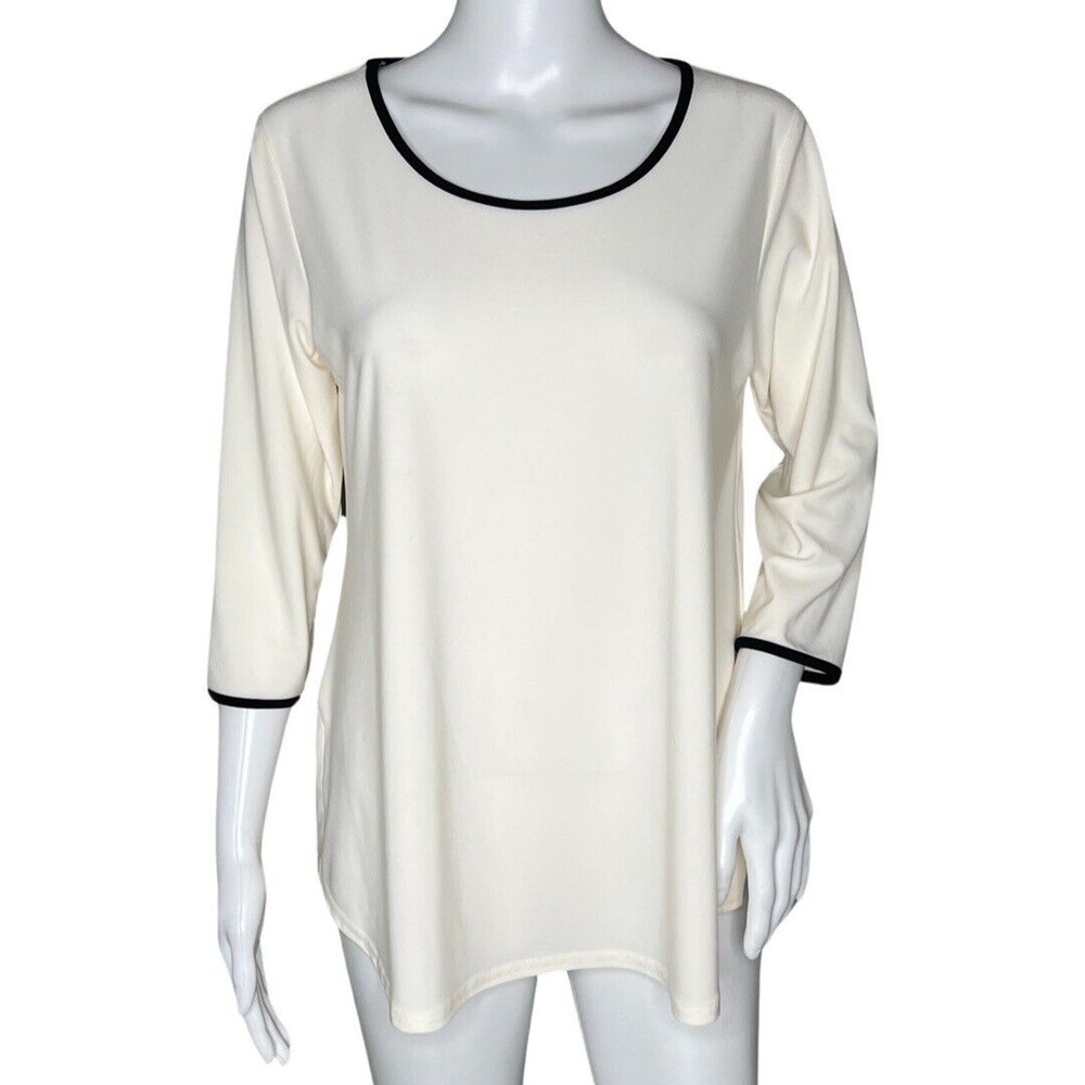 Sympli Tunic Top Womens 12 White Black Trim Minimalist Modern Casual Chic